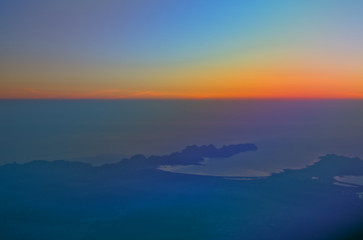 Fototapeta premium Aerial shot at dawn over Formentor and Alcudia peninsulas