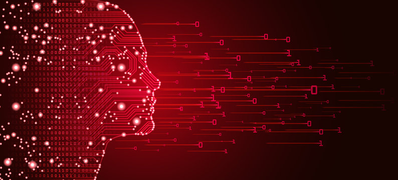 Big data and artificial intelligence concept. Machine learning and cyber mind domination concept in form of women face outline outline with circuit board and binary data flow on red background.