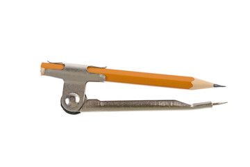 old compasses with a pencil on a white background