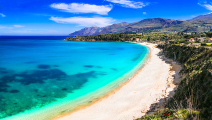 Vacation in Sicily island. Beautiful beach Scopello, Italy - obrazy, fototapety, plakaty