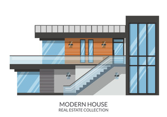 Modern big 2-storey family house, real estate sign in flat style. Vector illustration