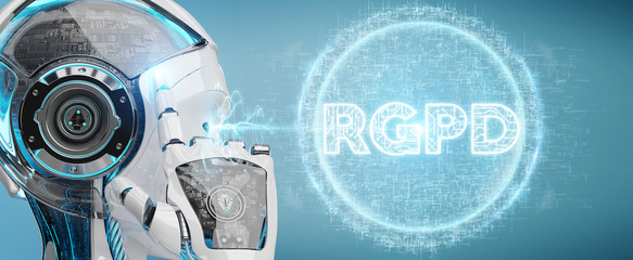 White cyborg woman using digital GDPR interface 3D rendering