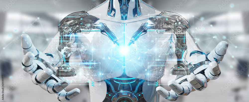 Aufkleber white man robot using robotics arms with digital screen 3d rendering