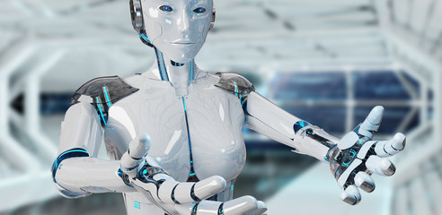 White woman cyborg opening her two hands 3D rendering © sdecoret