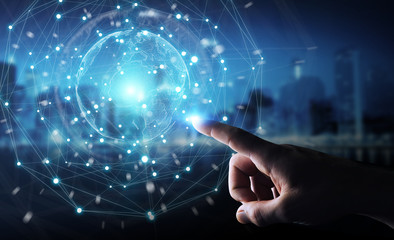 Businessman using planet earth network sphere 3D rendering