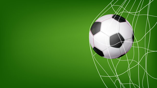 Soccer Ball In Net Vector. Hitting Goal. Invitation Sport Poster, Banner, Brochure Design. Isolated On Green Background Illustration