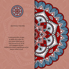 Indian style colorful ornate mandala card. Ornamental blank with ethnic motifs. Oriental graphic design concept. Paper brochure template. EPS 10 vector illustration. Clipping mask. - 205118689