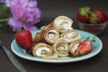 Sweet Delicious Pancakes Rolled Thin Pancakes with Strawberry Black Board Pink
