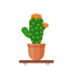 Interior gardening decor. Houseplant in a pot in flat style. Potting cactus with flowers on shelf isolated on a white background.