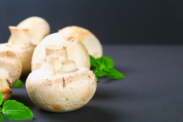 White fresh champignons with parsley on a wooden board on a gray dark table. Mushrooms. Copy the space. Top view.
