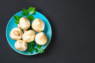 White fresh champignons with parsley on a wooden board on a gray dark table. Mushrooms. Copy the space. Top view.