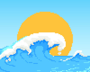 Big ocean wave and Vector blue background 8bit