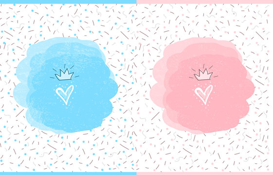 Cute vector watercolor splash. Doodle heart with hand drawn crown. Illustration for kid design ( t-shirt, mug, invite) Pattern for party decoration. Prince and princess gender reveal, pink and blue. 