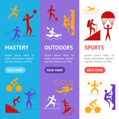 Cartoon Outdoor Activities Sports Games Banner Vecrtical Set. Vector