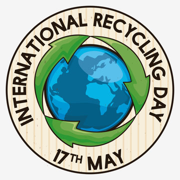 Commemorative Cardboard Round Button for Recycling Day Celebration, Vector Illustration