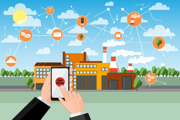 Start smart factory. Phone in hands starts and manage huge plant with application. Network icons. Industrial background. Cartoon flat vector illustration.