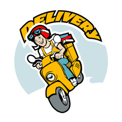 Delivery man on scooter. Cartoon illustration