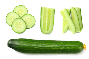 fresh cucumber slices isolated on white background. top view