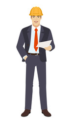 Businesswoman in construction helmet holding a paper