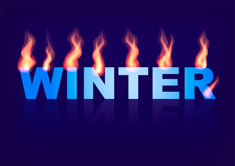 Word Winter with flames on the blue background. Vector illustration.