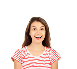 Surprised happy woman looking at the camera. emotional girl isolated on white background