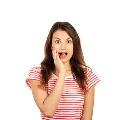 Surprise happy woman. Closeup portrait woman looking surprised. emotional girl isolated on white background