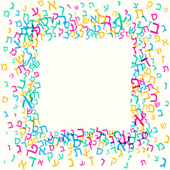 All letters of Hebrew alphabet, Jewish ABC background. Hebrew letters wordcloud. Vector illustration. Rainbow colored text. Free copyspace. 