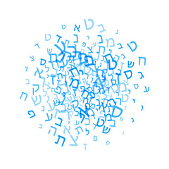 All letters of Hebrew alphabet, Jewish ABC background. Hebrew letters wordcloud word cloud. Vector illustration. Blue and white text typography background.