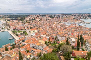 Fototapeta na wymiar Aerial view of the harbor and part of the historic center of Rovinj town in Croatia, Europe.