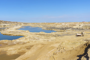 Blue lakes in a sandy quarry. Industrial landscape