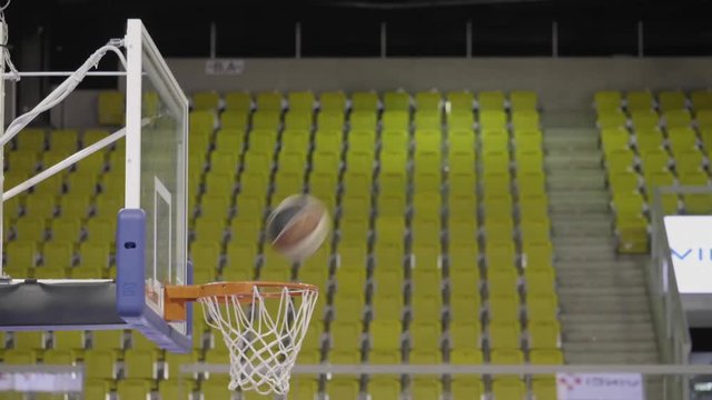 Team shoots basketballs in stadium, slow motion