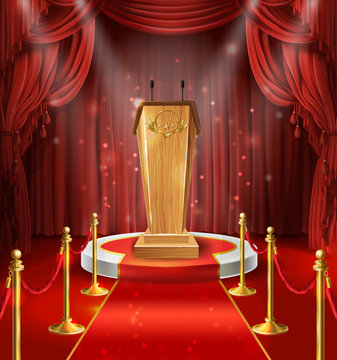 Vector illustration with wooden tribune with microphones, podium, red curtains and carpet. Stage for performance, lecture, scene for speech of orator. Illuminated pulpit for conference