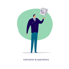 Vector flat cartoon illustration with businessman catching block with money icon isolated on white background. Metaphor - cash change, finance, online payment, world wide transaction, currency service