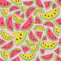 Seamless pattern with hand drawn watermelons and melons. Vector.
