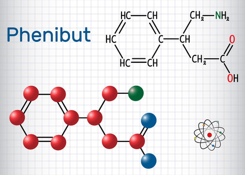 Phenibut is a central nervous system depressant with anxiolytic and sedative effects. Structural chemical formula and molecule model. Sheet of paper in a cage