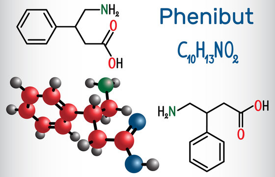 Phenibut is a central nervous system depressant with anxiolytic and sedative effects. Structural chemical formula and molecule model