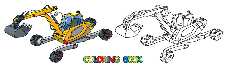 Funny small excavator with eyes. Coloring book
