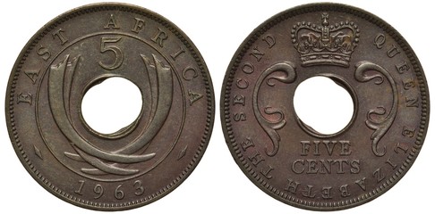 British East Africa coin five cents 1963, offset center hole, tusks at sides, crown at top,...