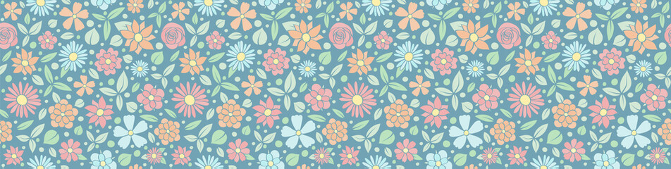 Cute hand drawn flowers texture - panoramic header. Vector.