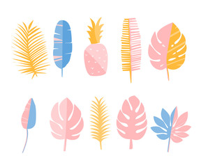 Tropic leaves and pineapple. Set of flat illustrations, decoration elements for cards, fashion prints and stationary.
