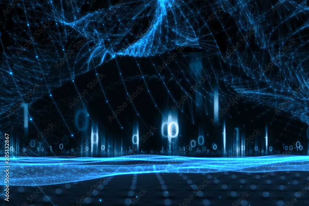 Poster digital network data with binary numbers, lines and dots illustration background. view from space.
