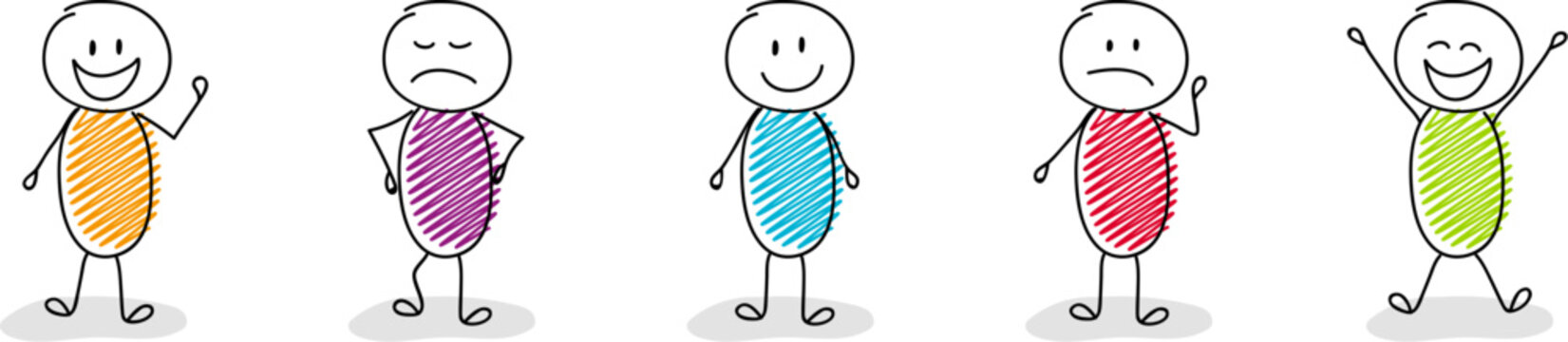Collection of funny stickmen with different facial expressions. Vector.