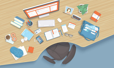 Wooden table with recess, chair, monitor, books, notebook, headphones, phone, keyboard, calendar, paper, coffee, photo, donuts, bag, pot, cap. Modern and stylish workplace. Vector Top view