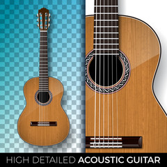 Acoustic guitar isolated on transparent background. High detailed vector illustration for invitation, party poster, promotional banner, brochure, or greeting card.