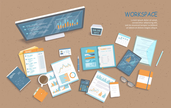 Top view of office table, supplies, documents, notepad, folder, tablet, calculator, envelope, purse, coffee. Charts, graphics on a monitor screen. Vector illustration. Business background