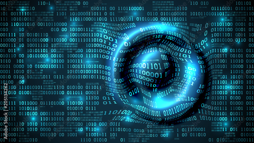 Poster Abstract futuristic cyberspace with binary code and circular waves on the surface, matrix background with digits, big data, well organized layers