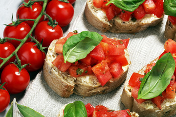 fresh tomato bruschetta. italian food appetizer with basil
