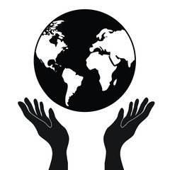 protecting or control hands holding globe planet earth with continets, simple black vector icon, globalization or worlwide concept - obrazy, fototapety, plakaty