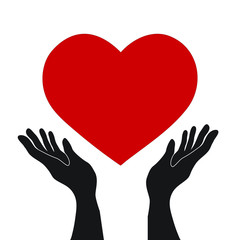 vector simple flat black hands holding red heart icon, love romance or health care concept