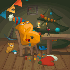 Bitcoin celebrated new Year. Cartoon style vector illustration